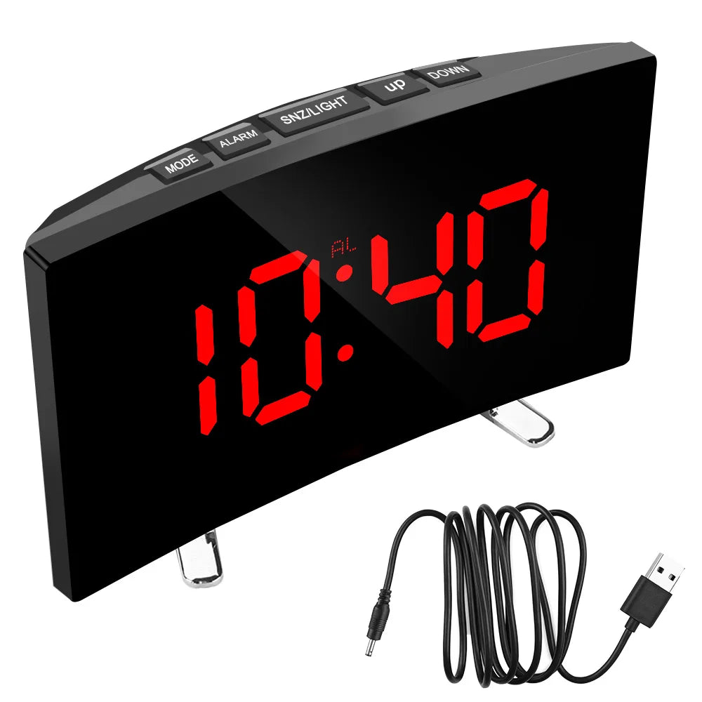 Desktop Clock 7 Inch For Kids Bedroom LED Screen Large Number Table Clock Digital Alarm Clock Curved Dimmable Mirror Clock