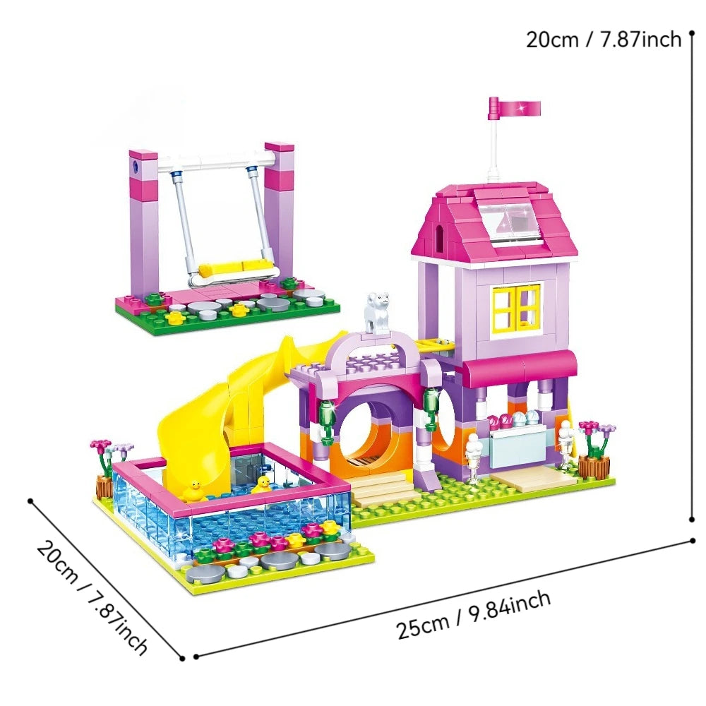 NEW Creative Girls Playground Building Blocks Set with Slide Swing Pool and Playhouse DIY City Street View Construction Toy Gift