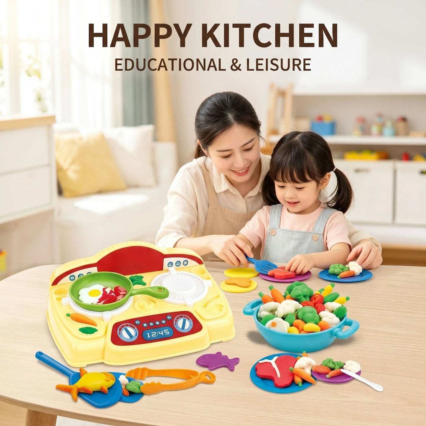 Colorful Pretend Kitchen Playset with play dough & tableware, multi-functional cooking toy, educational gift for kids