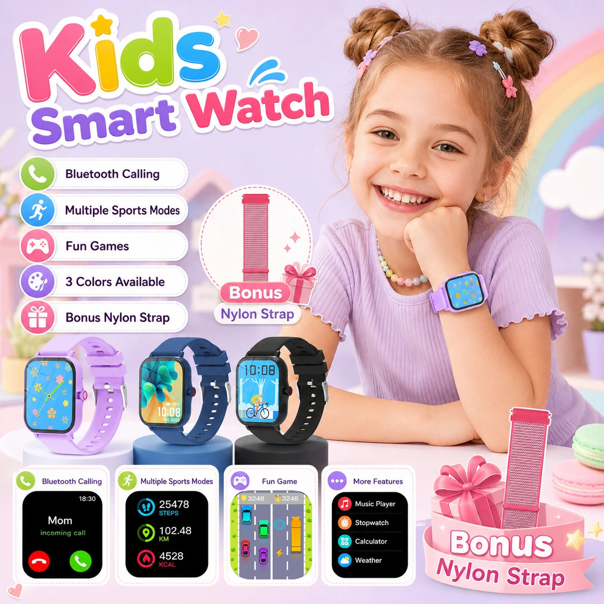 Smart Watch Kids 1.83''HD Screen Multi-mode Sport Fitness Tracker Smartwatch Camera Music Control Bluetooth Call Boys Girls Gift