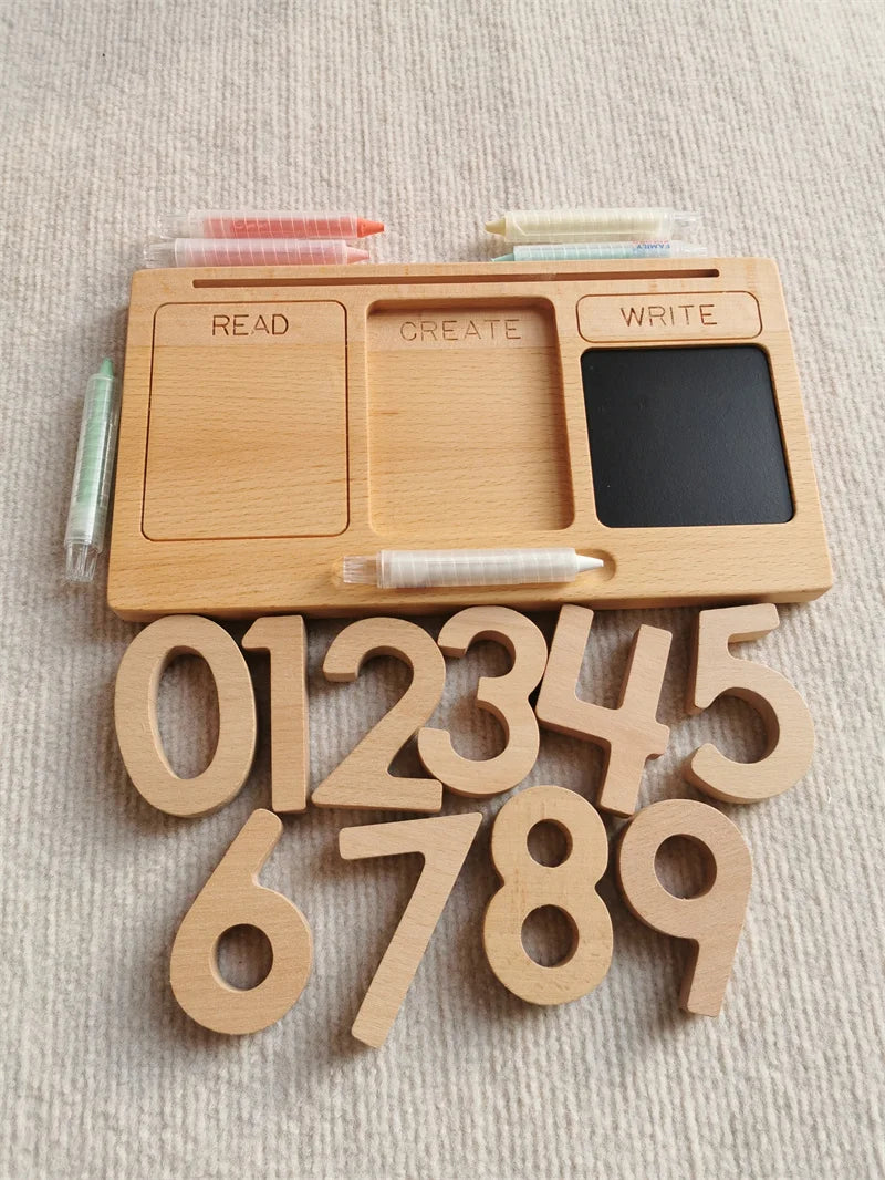 Montessori Toys Wooden Learning Tablet with Chalks Divided Trays Simulation Animals Matched English Study Cards