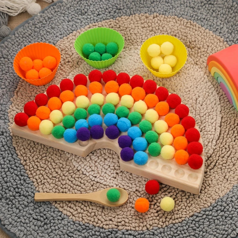 Children Fine Motor Skills Learning Counting Rainbow Pompoms Sorting Games Montessori Early Education Toy with Tweezers For Kids