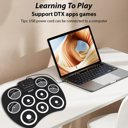 Electronic Drum Set Hand-rolled Drum 9-pad MIDI Interface Supports DTX Games Portable Drum Set Gifts with Drumsticks Pedals