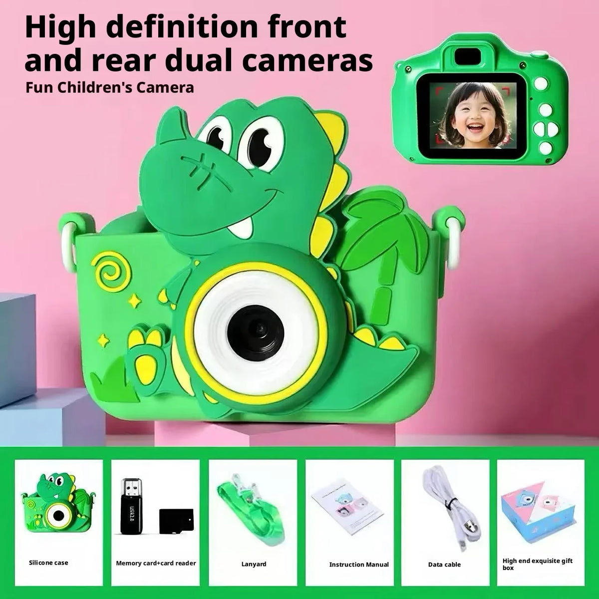Dual Lens Kids Digital Camera Cartoon Green Dinosaur HD Shooting Video Recording 128G Portable Toy Camera Children Birthday Gift