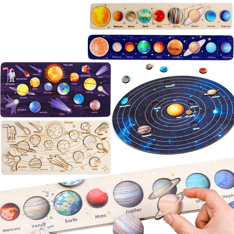 Baby Wooden Montessori Teaching Aids Science Cognition Jigsaw Puzzle Universe Solar System Eight Planet Matching Educational Toy