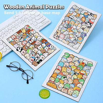 Kids Creative Animal Shape Puzzles Table Games Dog Cat Panda Stacked Puzzle Brain Games Montessori Thinking Education Wooden Toy
