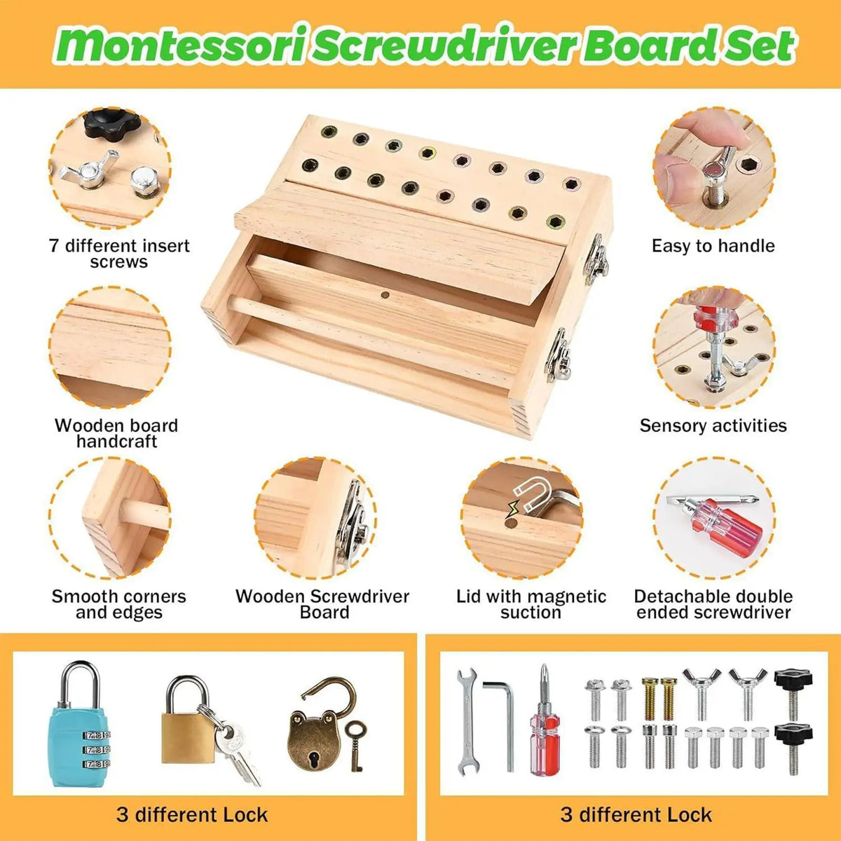 Montessori Screwdriver Board Toy Wooden Learning Key Lock Activity Sensory Fine Motor Skill Educational Toy for Kids Gifts