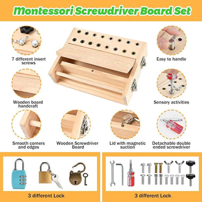 Montessori Screwdriver Board Toy Wooden Learning Key Lock Activity Sensory Fine Motor Skill Educational Toy for Kids Gifts