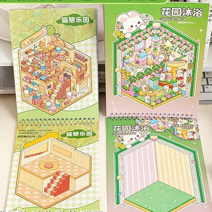 Creative Cartoon 3D Landscape Sticker Book DIY Miniature House Cabin Scene Pocket Sticker PET Sticker Cabin Scene for Kids