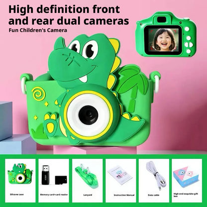 Dual Lens Kids Digital Camera Cartoon Green Dinosaur HD Shooting Video Recording 128G Portable Toy Camera Children Birthday Gift