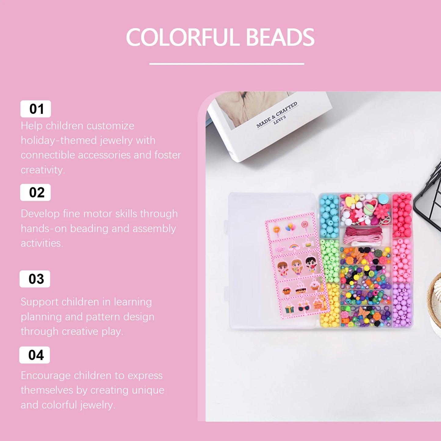 Colorful Kids DIY Bead Kit Bracelet Necklace Creative Art Birthday Toy Gift Girl Age 6+ Handmade Acrylic Multi‑shape Beading Set
