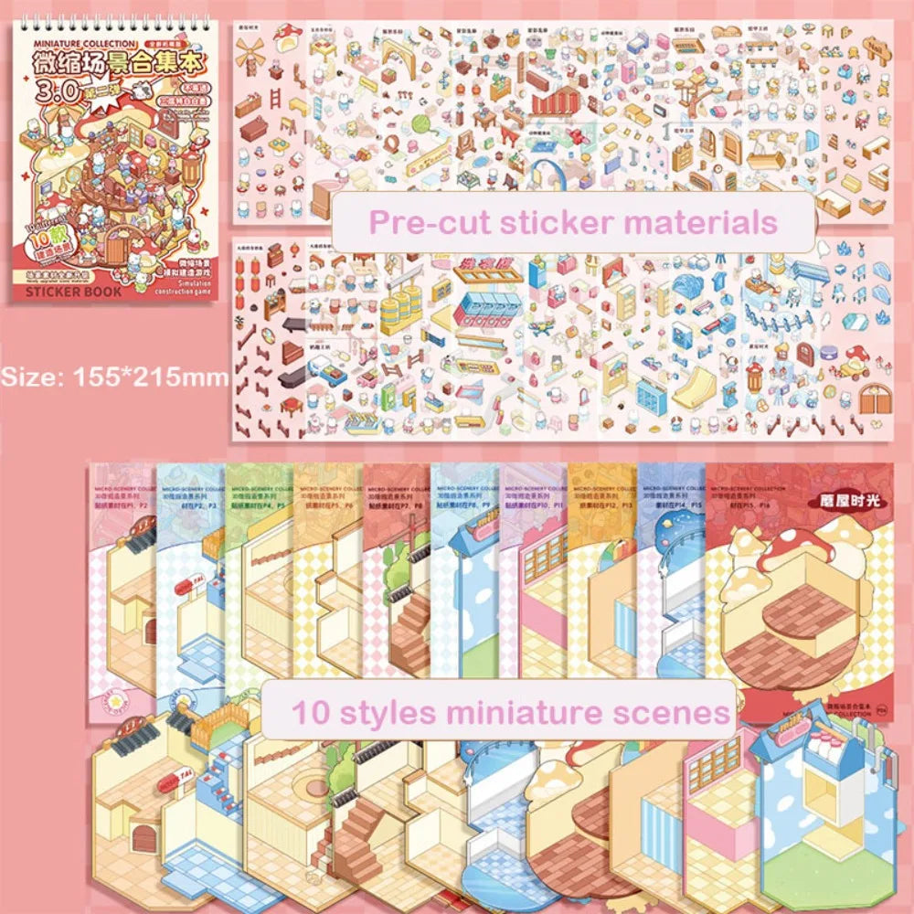 Creative Cartoon 3D Landscape Sticker Book DIY Miniature House Cabin Scene Pocket Sticker PET Sticker Cabin Scene for Kids