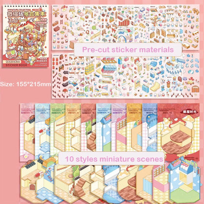 Creative Cartoon 3D Landscape Sticker Book DIY Miniature House Cabin Scene Pocket Sticker PET Sticker Cabin Scene for Kids
