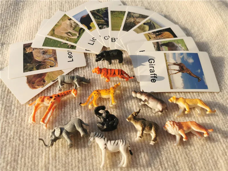 Montessori Toys Wooden Learning Tablet with Chalks Divided Trays Simulation Animals Matched English Study Cards