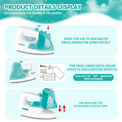Kids Pretend Play Iron Toy with Spray, Light & Sound Effects for Housekeeping