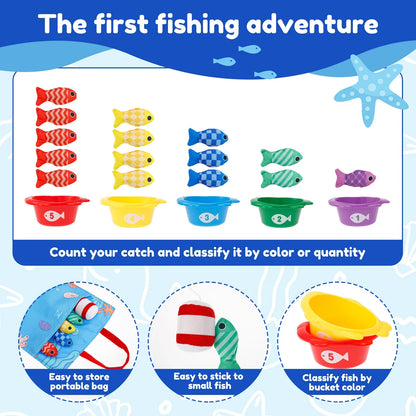 Montessori Fishing Game Soft Cloth Fishing Toys Fun Toddler Fishing Game Educational Fishing Game Set with Stackable Buckets