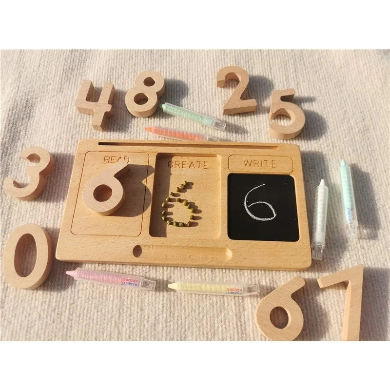 Montessori Toys Wooden Learning Tablet with Chalks Divided Trays Simulation Animals Matched English Study Cards