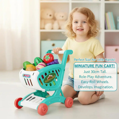Kids Mini Shopping Cart Toy Pretend Play Kitchen Groceries Handcart Storage Basket Trolley Toy Gift for Toddler Boys Girls