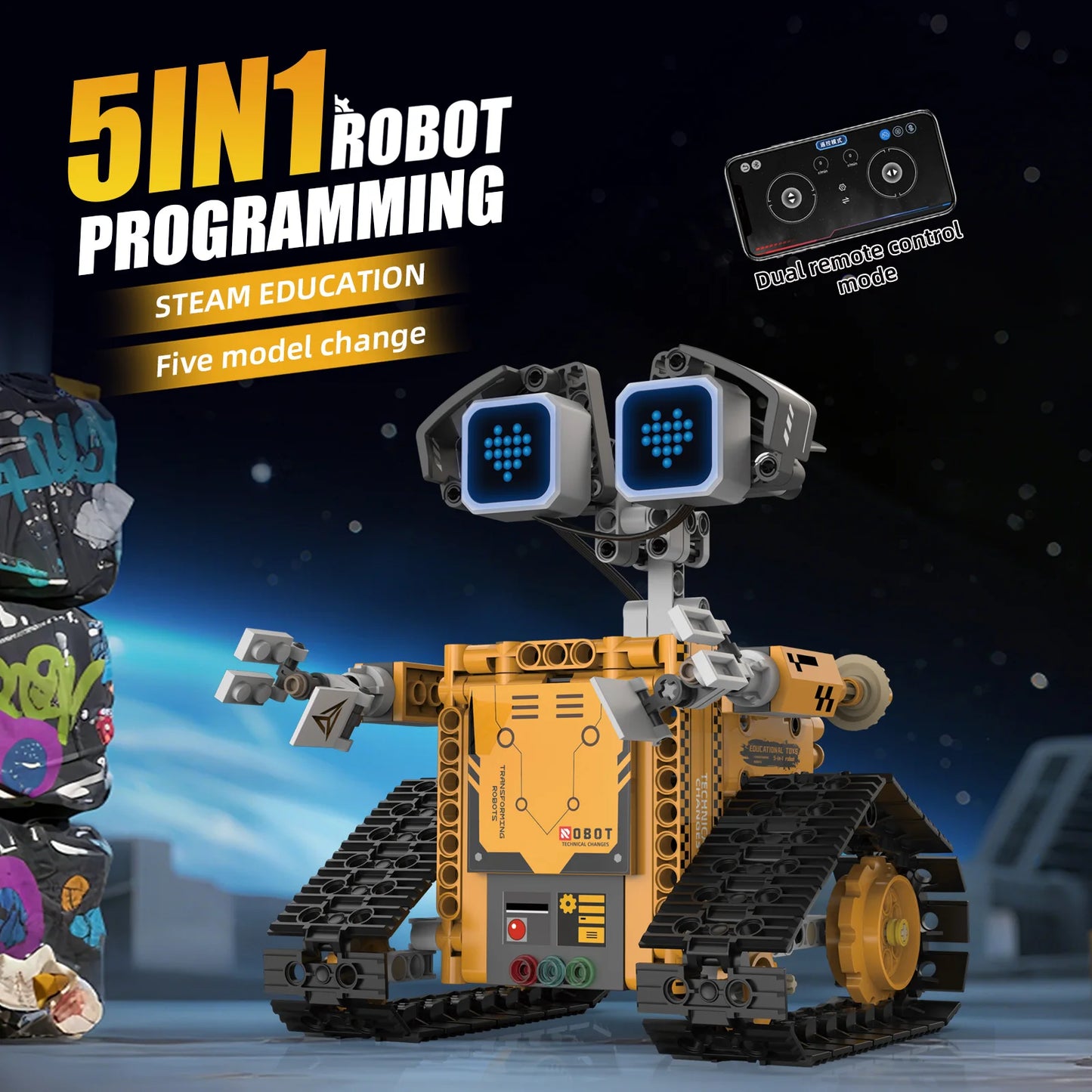 Digital display 5-in-1 transformable robot model assembly, remote control robot building blocks toy, children's toy gift