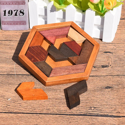 Montessori Logic Thinking Training Jigsaw Puzzle Wooden Hexagon Tangram Learning Kids Toys Educational Rompecabezas De Madera