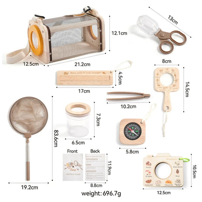 Outdoor Adventure Kit For Kids Insect Nets, Wooden Leaf Cognitive Magnifying Glasses Natural Forest Exploration Toys Kid's Gift