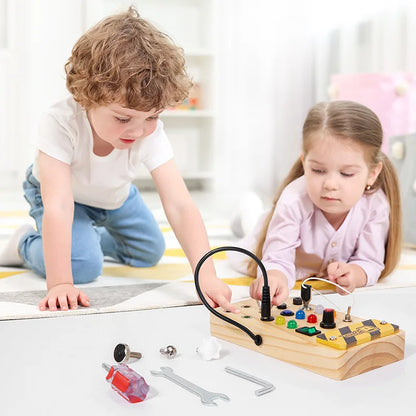 Wooden Busy Board with LED Light Switch Socket Kids Early Learning Educational Toy Hands-on Brain Development Physical Training