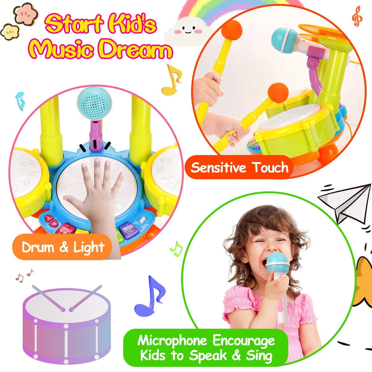 Educational Kids Drum Set for Toddlers 1-3 Years Old Musical Baby Toy with Microphone Girls And Boys Learning Instrument Gift