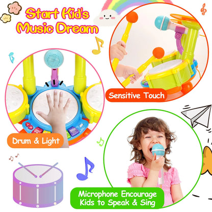 Educational Kids Drum Set for Toddlers 1-3 Years Old Musical Baby Toy with Microphone Girls And Boys Learning Instrument Gift