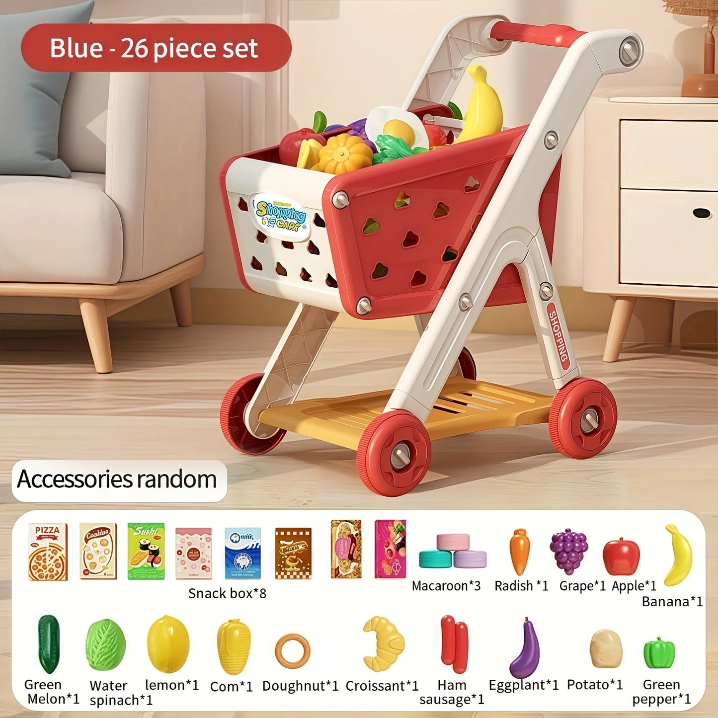 Kids Simulation Shopping Cart Toy Pretend Play Supermarket Trolley Groceries Food Early Education Toys for Boys Girls Gift