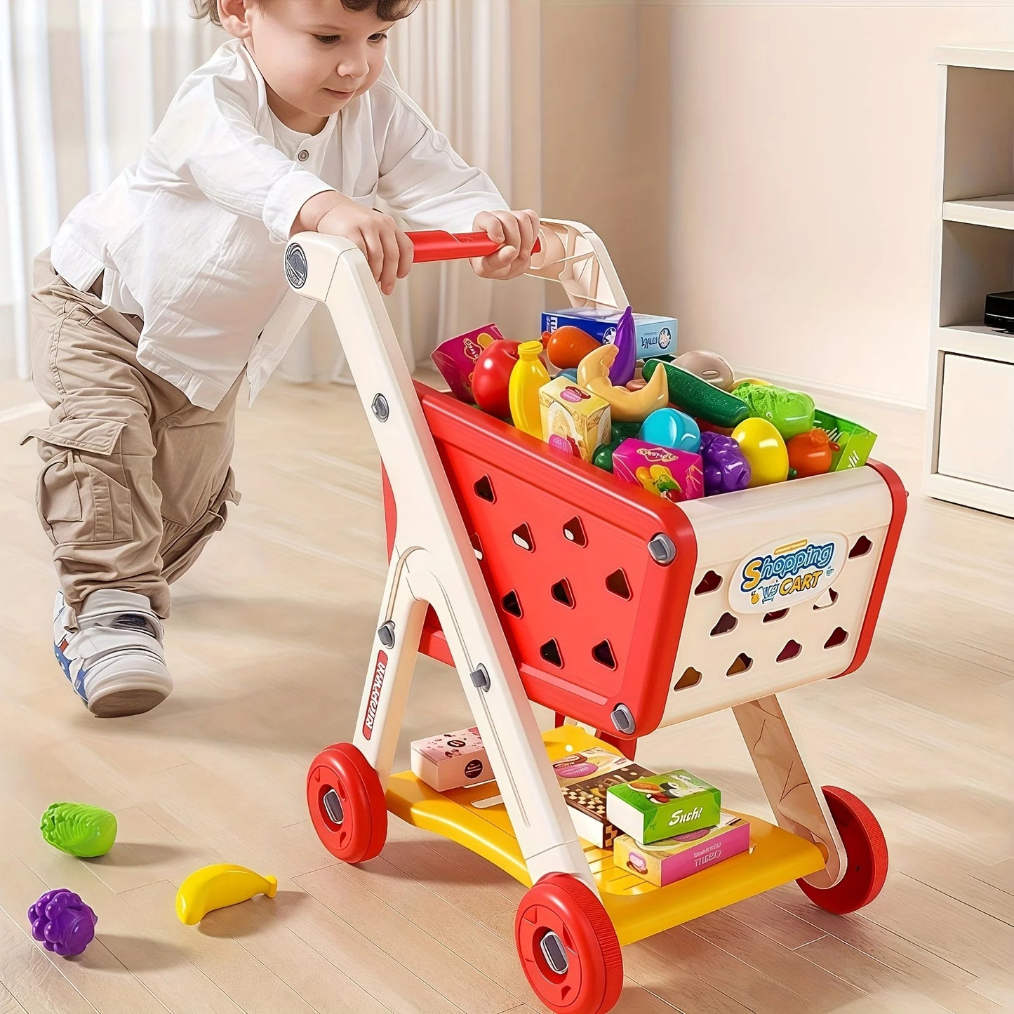 Kids Simulation Shopping Cart Toy Pretend Play Supermarket Trolley Groceries Food Early Education Toys for Boys Girls Gift