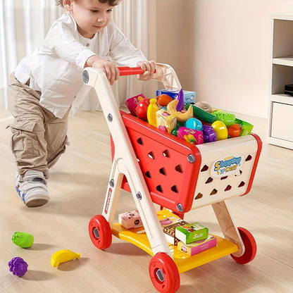 Kids Simulation Shopping Cart Toy Pretend Play Supermarket Trolley Groceries Food Early Education Toys for Boys Girls Gift