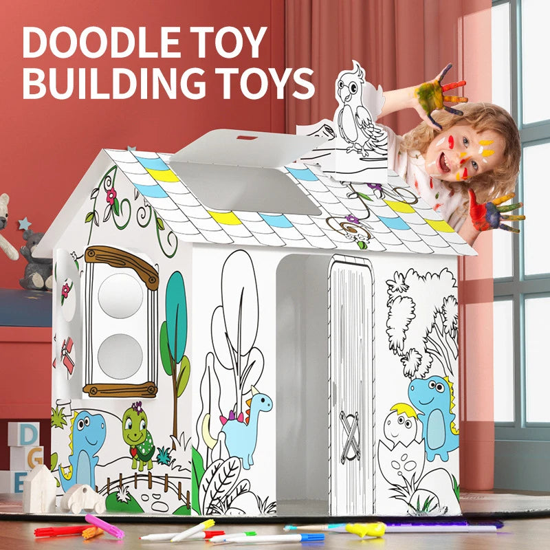 Creative graffiti 3D assembly toy house, DIY, painting, jungle house, parent-child interaction, kindergarten, handicrafts， kids