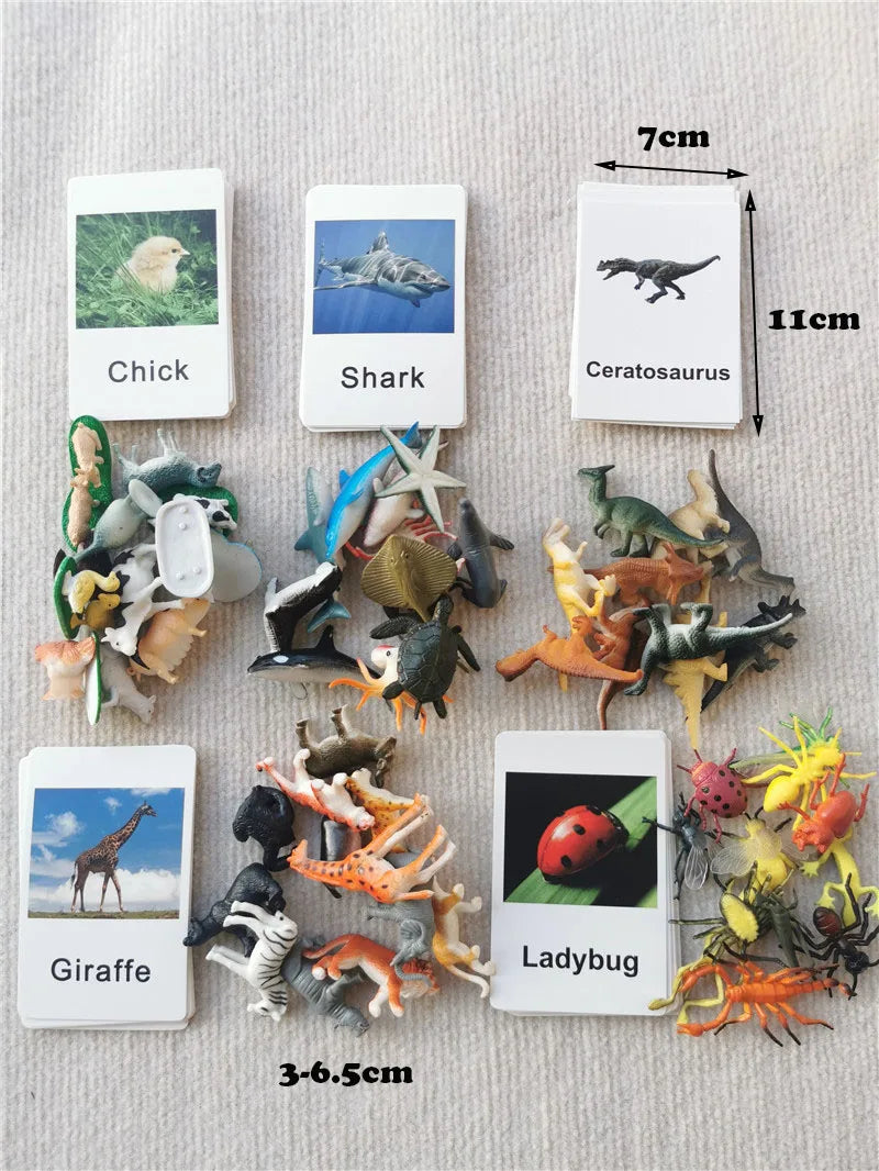 Montessori Toys Wooden Learning Tablet with Chalks Divided Trays Simulation Animals Matched English Study Cards