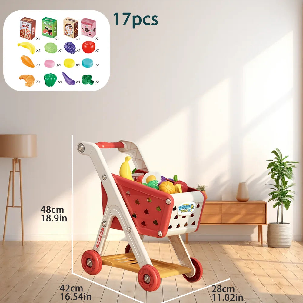 Kids Simulation Shopping Cart Toy Pretend Play Supermarket Trolley Groceries Food Early Education Toys for Boys Girls Gift