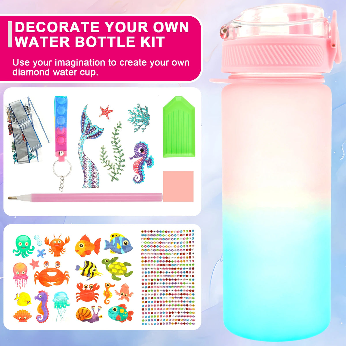 Water Bottle Kits Pretty Colorful Kids Water Bottle Gifts Safe Mermaid Water Bottle with Stickers Attractive Decorate Your Own