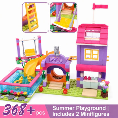 NEW Creative Girls Playground Building Blocks Set with Slide Swing Pool and Playhouse DIY City Street View Construction Toy Gift