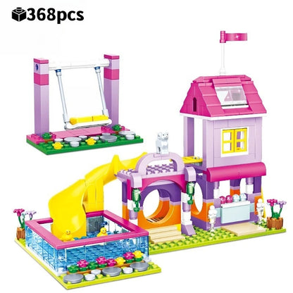 NEW Creative Girls Playground Building Blocks Set with Slide Swing Pool and Playhouse DIY City Street View Construction Toy Gift