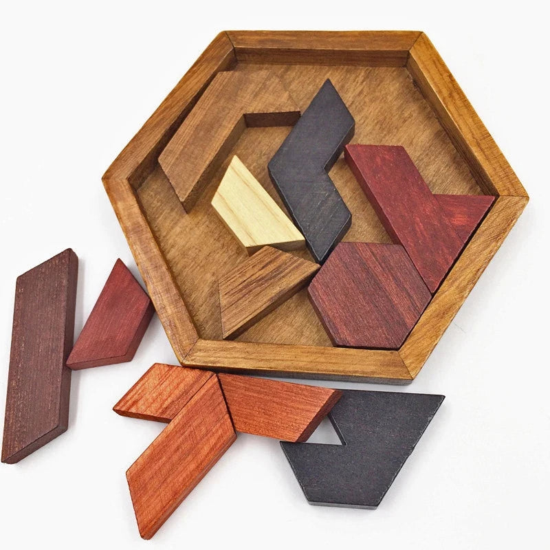 Montessori Logic Thinking Training Jigsaw Puzzle Wooden Hexagon Tangram Learning Kids Toys Educational Rompecabezas De Madera
