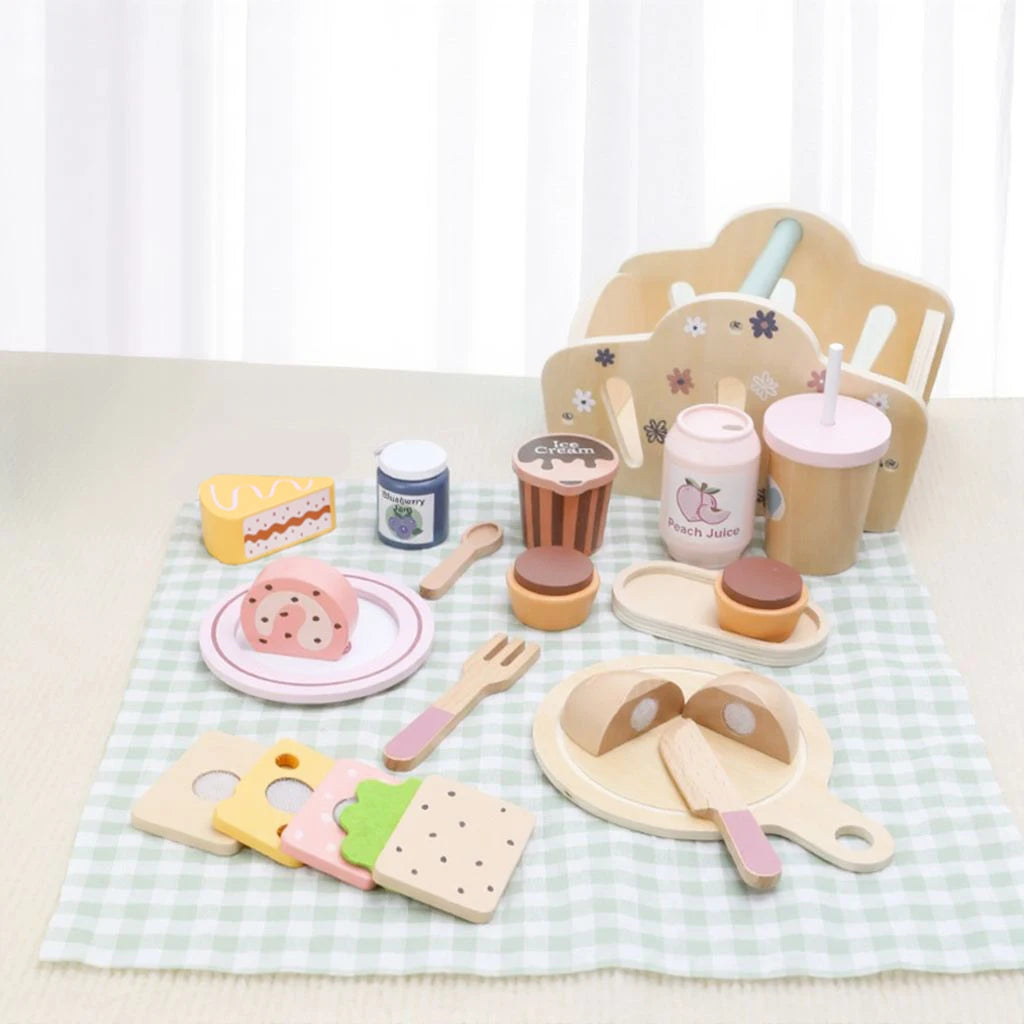 Wooden Picnic Pretend Play Toys Set with Wooden Storage Basket Educational Simulation Food Cooking Game for Kids 2 Years Gift