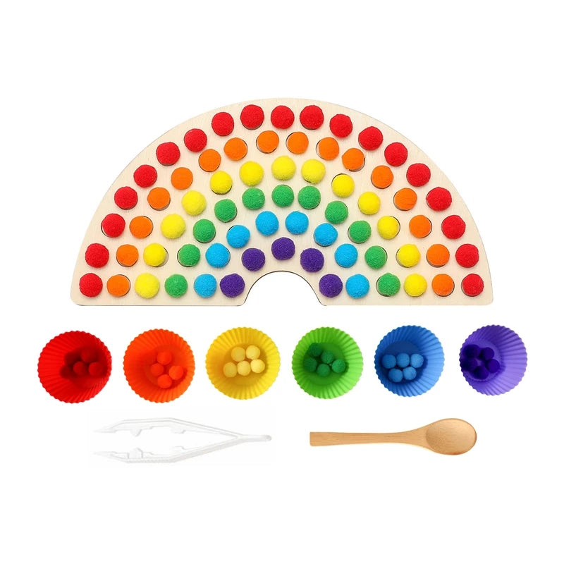 Children Fine Motor Skills Learning Counting Rainbow Pompoms Sorting Games Montessori Early Education Toy with Tweezers For Kids