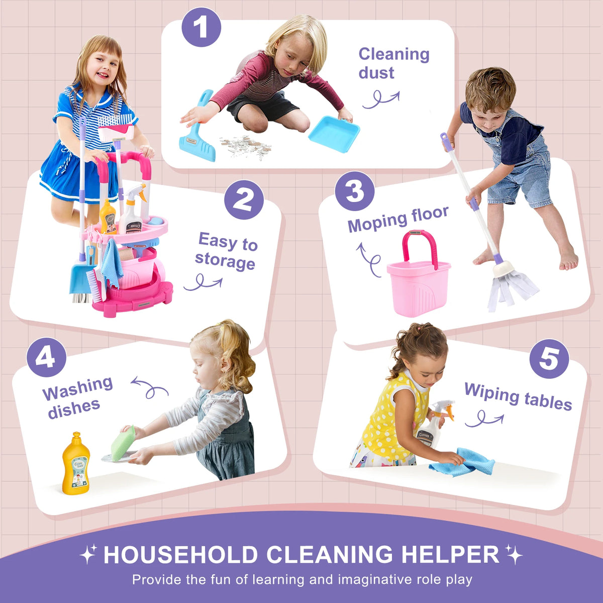 12pcs/set Kids cleaning Set with Handcart Simulated Life Cleaning Toys Pretend Play Hygiene Cleaning Play House Toy Boys&Girls