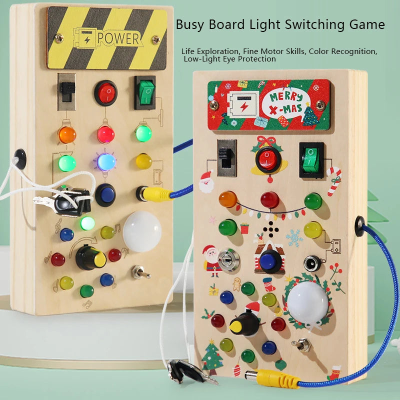 Wooden Interactive Learning Toy with LED Light Busy Board Button Switch Early Education Intelligence Play for Kids