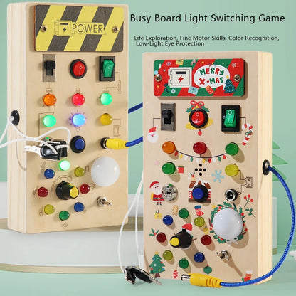 Wooden Interactive Learning Toy with LED Light Busy Board Button Switch Early Education Intelligence Play for Kids