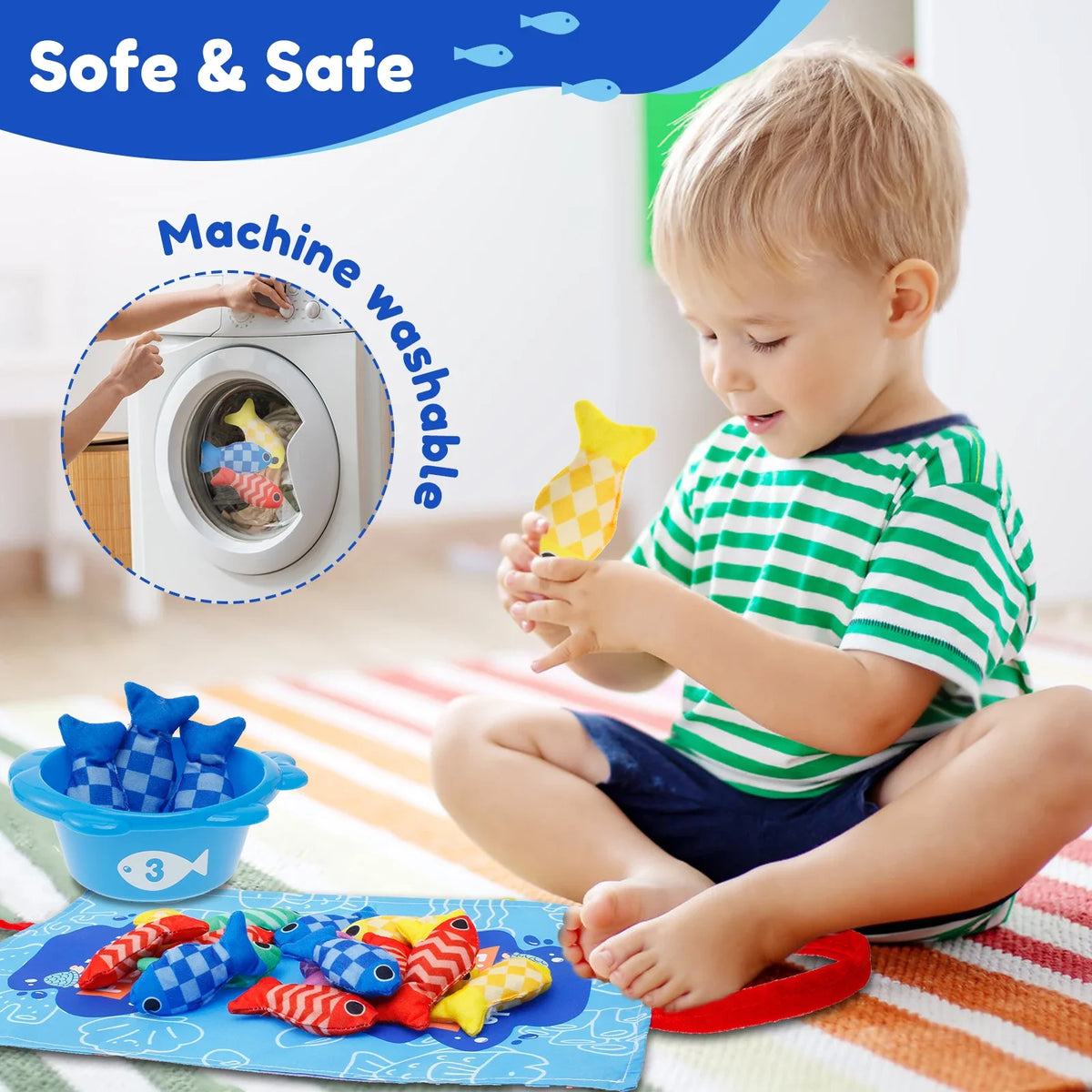 Montessori Fishing Game Soft Cloth Fishing Toys Fun Toddler Fishing Game Educational Fishing Game Set with Stackable Buckets