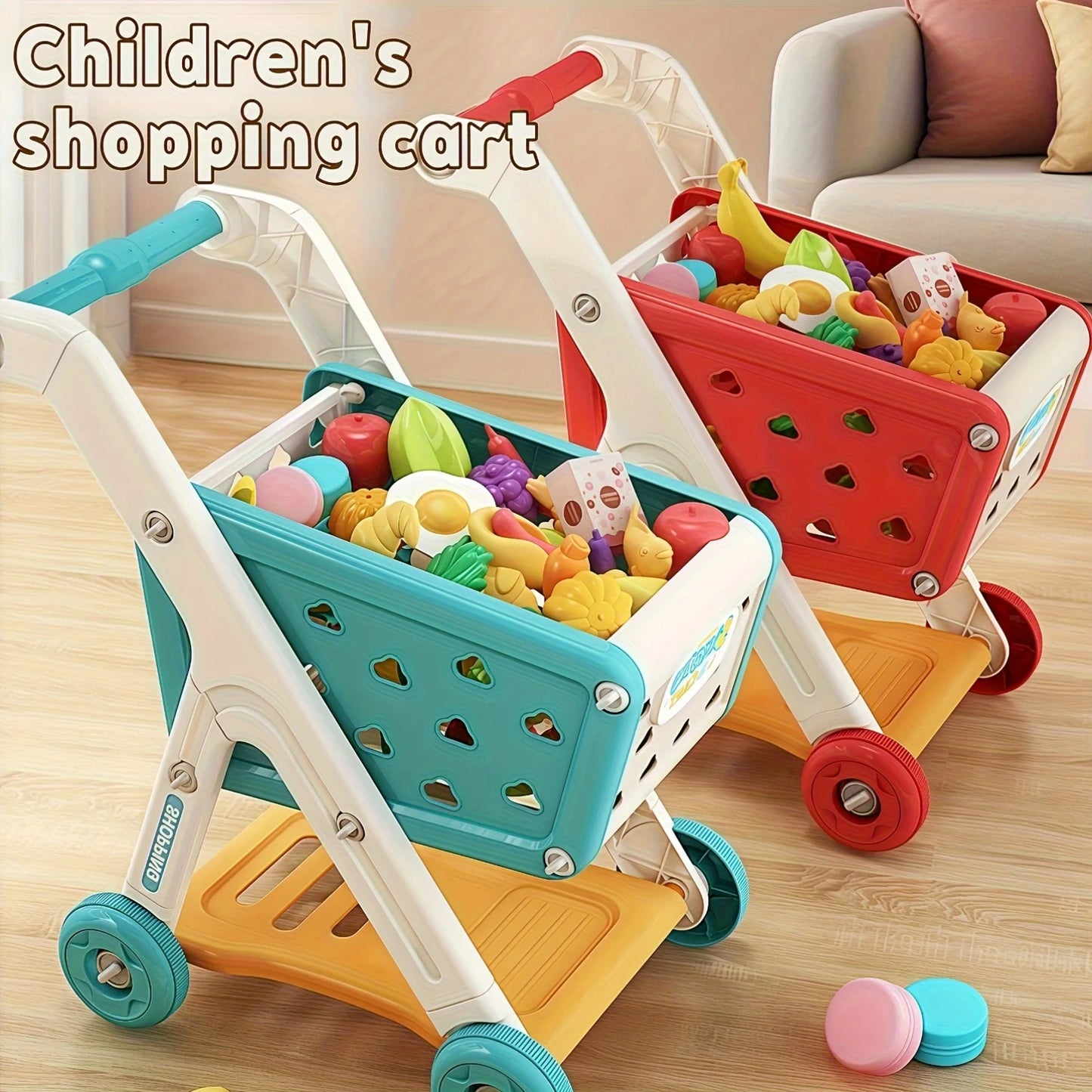 Kids Simulation Shopping Cart Toy Pretend Play Supermarket Trolley Groceries Food Early Education Toys for Boys Girls Gift
