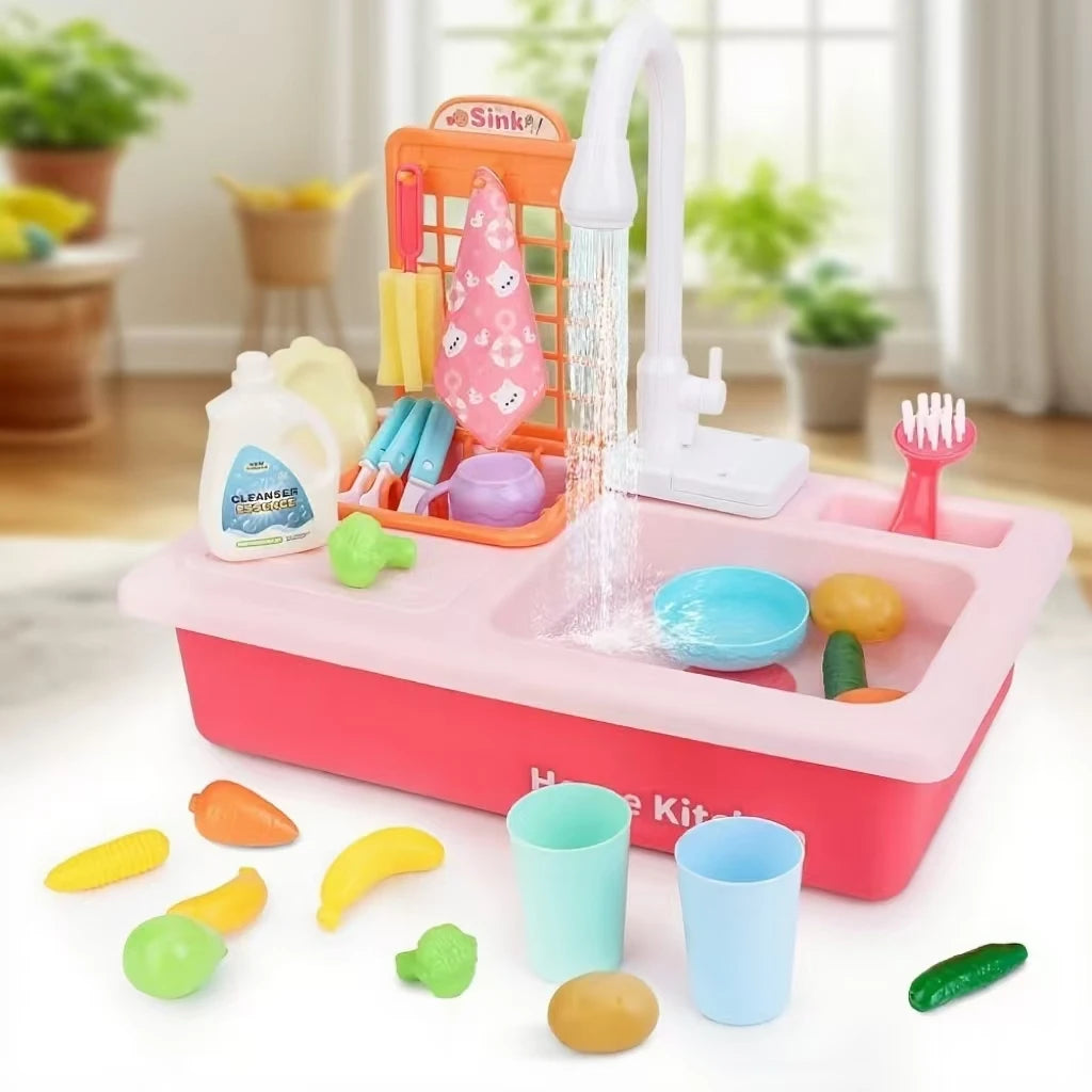 Kids Play Sink with Running Water, Toddler Sink Dishwasher Toy, Water Table Pretend Play for Toddlers Age 3+, Role Play Kitchen