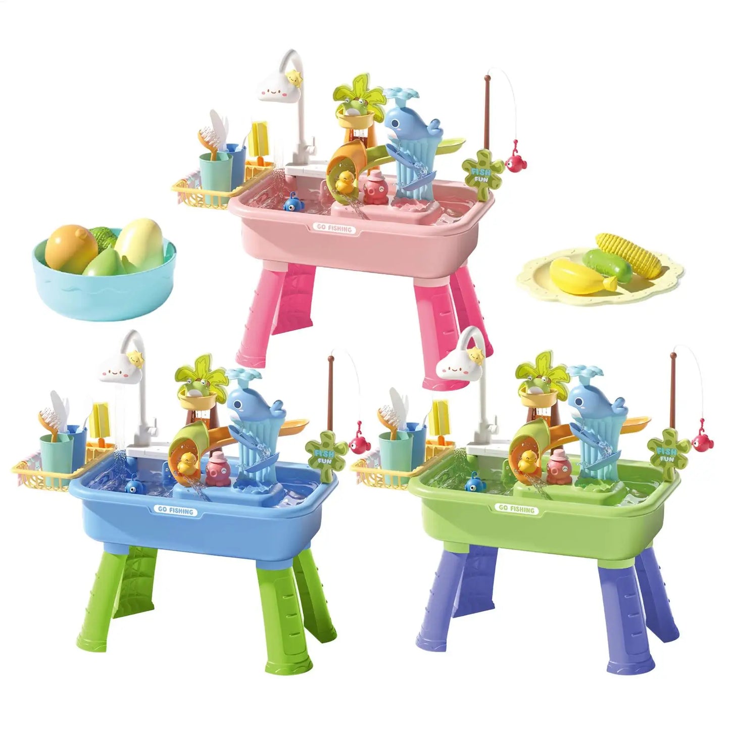 43Pcs Electric Kids Water Table Play Sink Running Water Cloud Faucet Sensory Activity Toys for Toddlers Outdoor Summer Toys