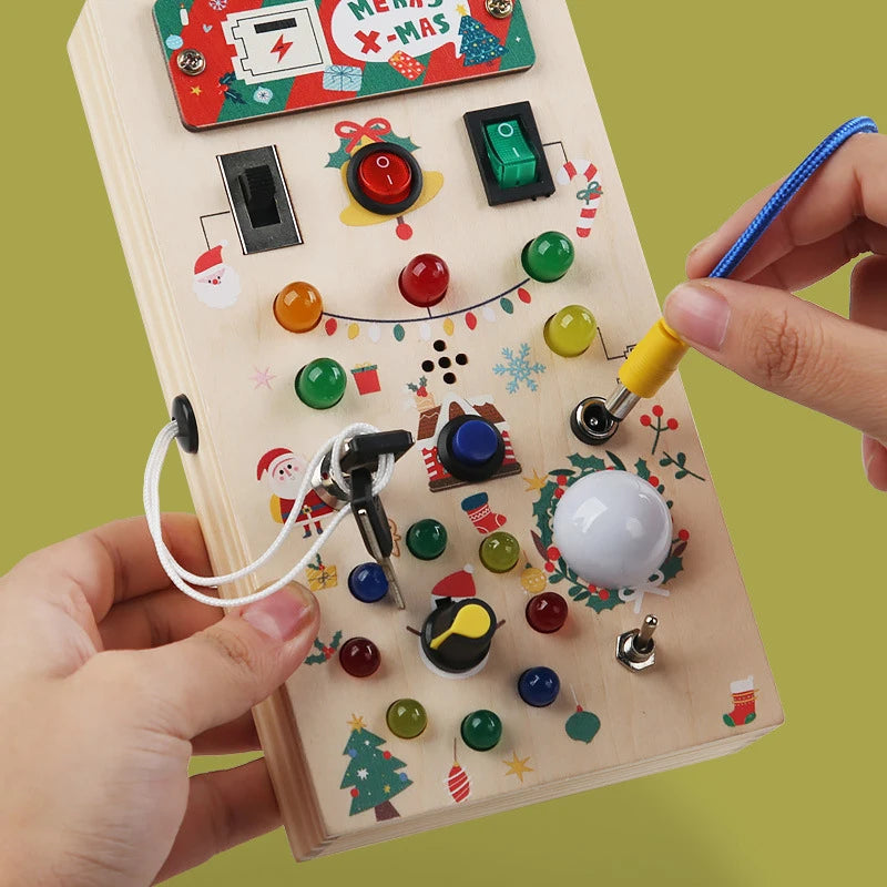 Wooden Interactive Learning Toy with LED Light Busy Board Button Switch Early Education Intelligence Play for Kids
