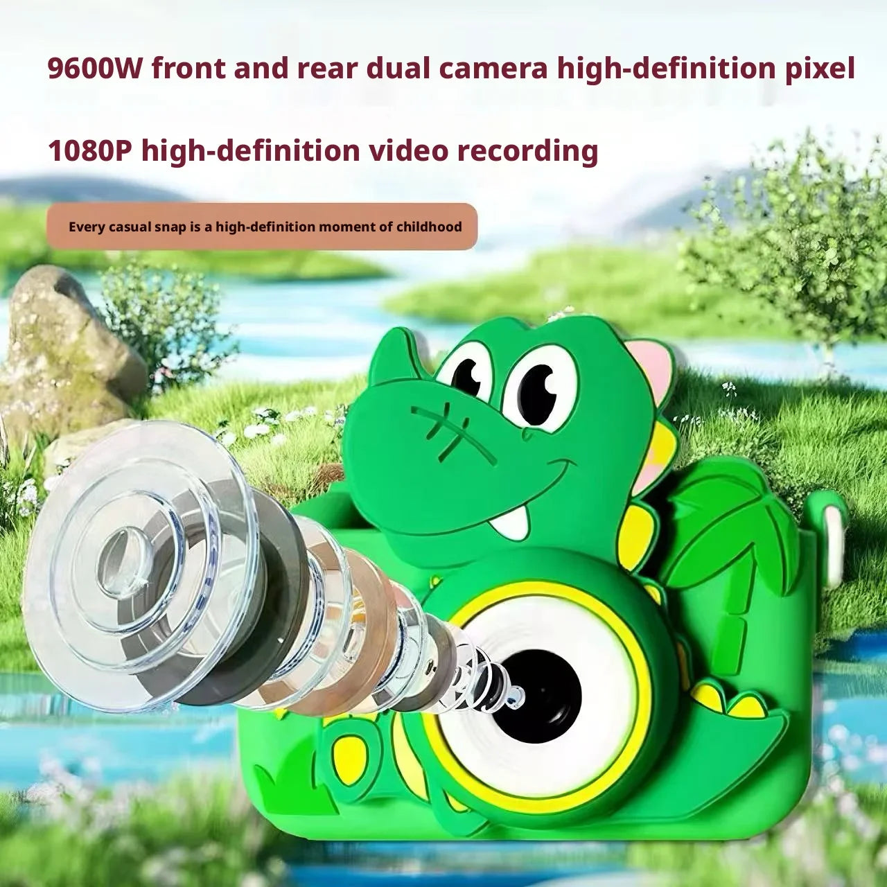 Dual Lens Kids Digital Camera Cartoon Green Dinosaur HD Shooting Video Recording 128G Portable Toy Camera Children Birthday Gift