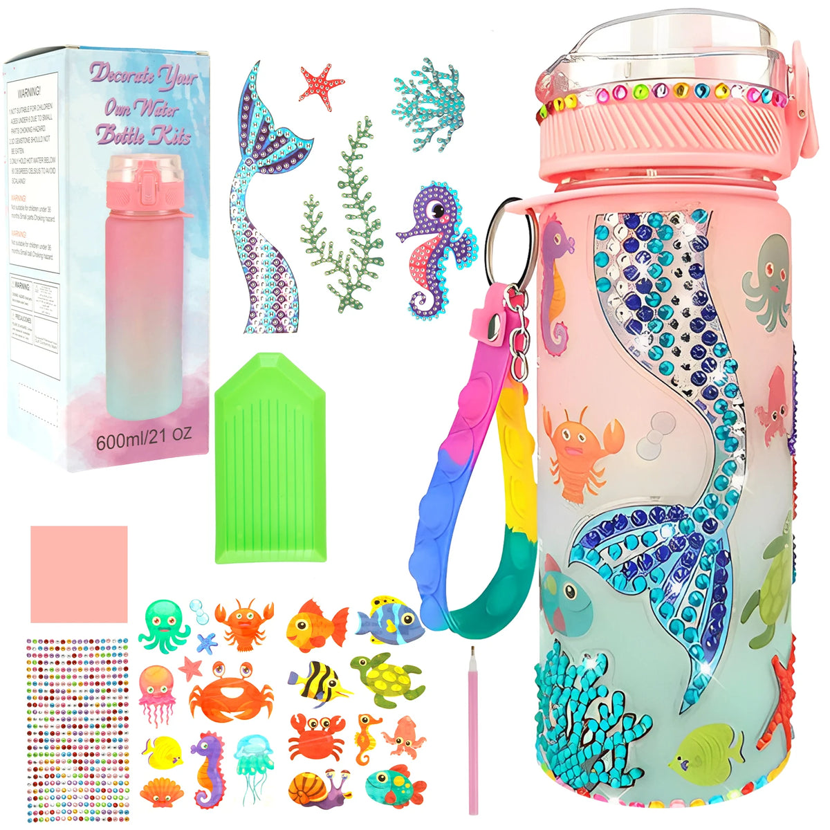 Water Bottle Kits Pretty Colorful Kids Water Bottle Gifts Safe Mermaid Water Bottle with Stickers Attractive Decorate Your Own